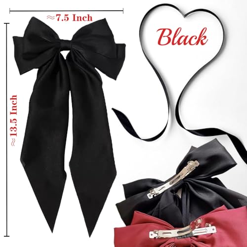 Large Bow Hair Clips with Bowknot Tassels: 3 Pcs Hair Barrettes for Women and Girls (Black, Pink, Beige)