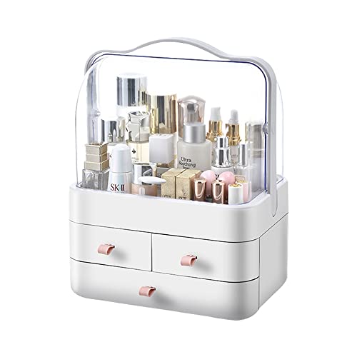 Makeup Organizer, Dustproof Cosmetic Storage Box with Portable Handle & Fully Open Waterproof Lid for Bathroom Countertop Bedroom Dresser(White)