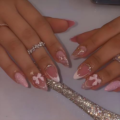 Almond Press On Nails 24pc Medium Pink 3D Bow Glitter