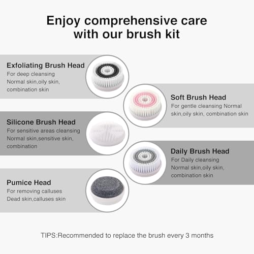 Electric Facial Cleansing Brush, 2-Way Rotating Face Scrubber for Daily & Deep Cleaning, 3 Modes, 5 Brush Heads, Rechargeable, IPX7 Waterproof for All Skin Types