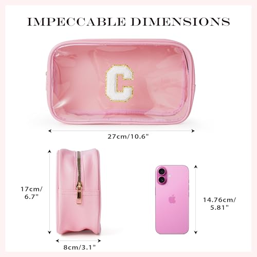 Initial Clear Makeup Bag for Women - Travel Toiletry Bag, Portable Waterproof Cosmetic Bag Travel Essentials Birthday Gifts for Women (Pink Letter R)