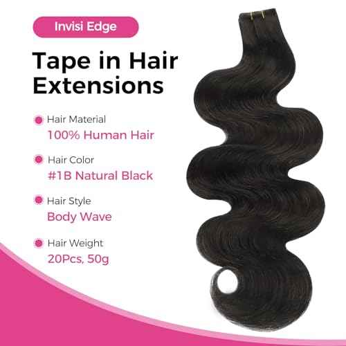 Lashey Invisi Edge Tape in Hair Extensions Human Hair, Natural Black 16 inch 50g 20pcs Body Wave Injected Tape in Hair Extensions Invisible Real Virgin Human Hair For Women