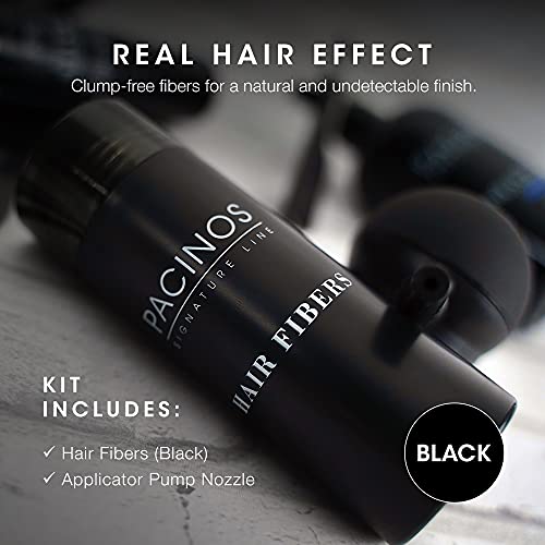 Pacinos Hair Fibers (Black) - Thickening Fibers Achieve Fuller Appearance by Concealing Thinning Hair & Bald Spots, Includes Applicator Pump Nozzle