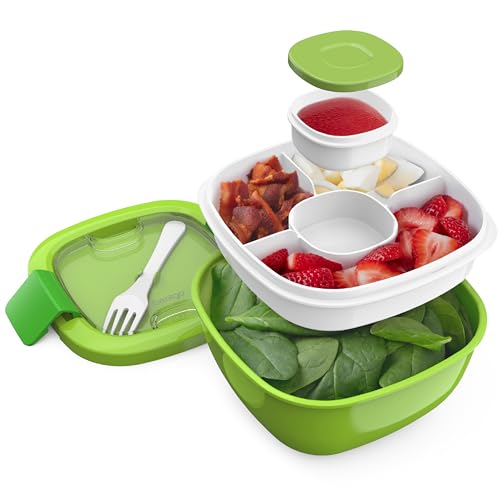 Bentgo All-in-One Salad Container - Large Salad Bowl, Bento Box Tray, Leak-Proof Sauce Container, Airtight Lid, & Fork for Healthy Adult Lunches; BPA-Free & Dishwasher/Microwave Safe (Green)