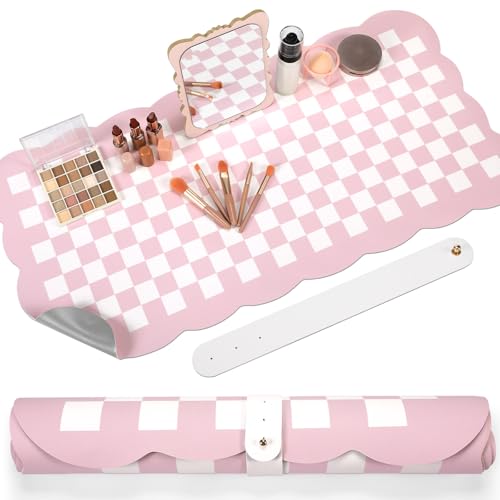 Pink Checkered Makeup Mat 31.5x15.7 Dual-Sided Vanity Pad