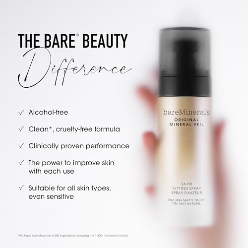 bareMinerals Original Mineral Veil Natural Matte Setting Spray, 24HR Makeup Lock & Oil Control, Alcohol-Free, Sweat & Transfer-Proof, Ultra-Fine Mist for Smooth, Matte Finish