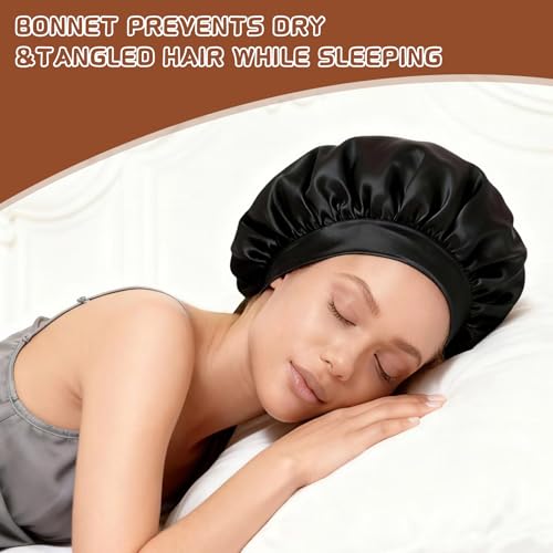 Silk Sleep Cap Set - 2 Pcs Satin Hair Bonnets for Women, Soft Elastic Band, Suitable for Curly & Long Hair - Gold & Black