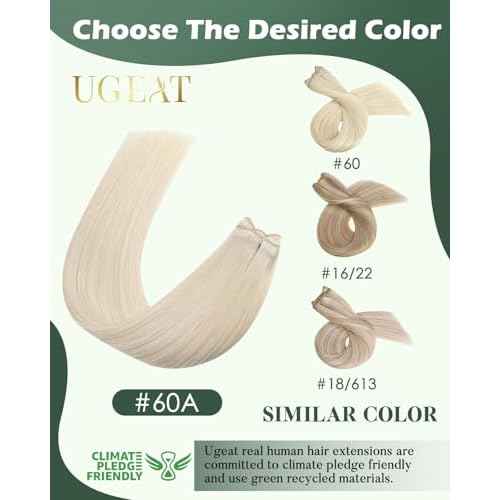 Ugeat Sew in Hair Extensions Real Human Hair Blonde Weft Hair Extensions Human Hair 18 Inch Platinum Blonde Sew in Extensions for Women Invisible Double Weft Soft Natural-looking 100G