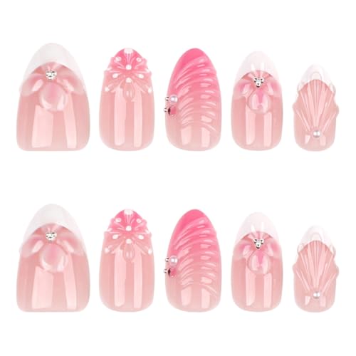 Medium Almond Press On Nails Pink 3D Flower Pearl