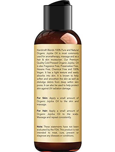 Handcraft Blends USDA Organic Jojoba Oil 4 fl. oz - 100% Pure & Natural Jojoba Oil for Skin, Face and Hair - Deeply Moisturizing Anti-Aging Jojoba Oil for Men and Women