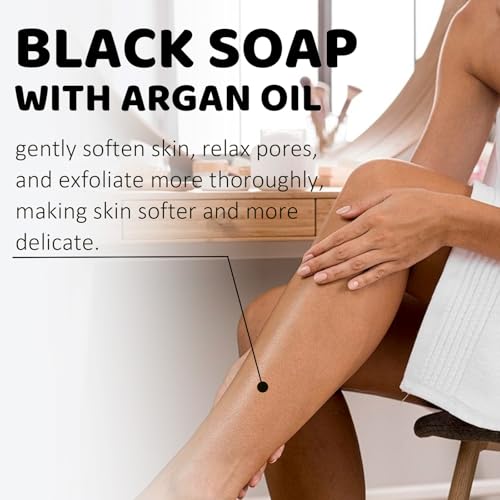 Moroccan Black Soap with Argan Oil – 2 Pack Hammam Body Scrub with Exfoliating Glove