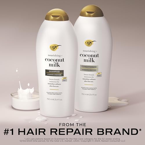 OGX Shampoo and Conditioner Set, Nourishing + Coconut Milk, Shampoo and Conditioner for Moisturizing & Strengthening Hair Care, Formulated without Sulfated Surfactants, 25.4 FL OZ, 2 Pack