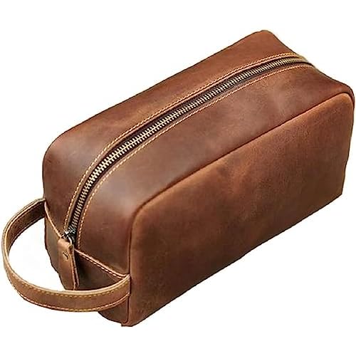 Toiletry Bag for Men or Women, Full Grain Leather Handcrafted Dopp Kit, Vintage Travel Leather Toiletry Travel Pouch, Large Cosmetic Bathroom Travel Shaving Bag, Fully Lined with Cotton Fabric