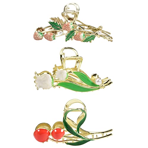 Yonchic 3-Piece Floral Metal Hair Accessories: Strawberry Cherry Tulip Barrettes, Elegant Strong Hold Non-Slip Clamps for Thin/Medium Thick Hair