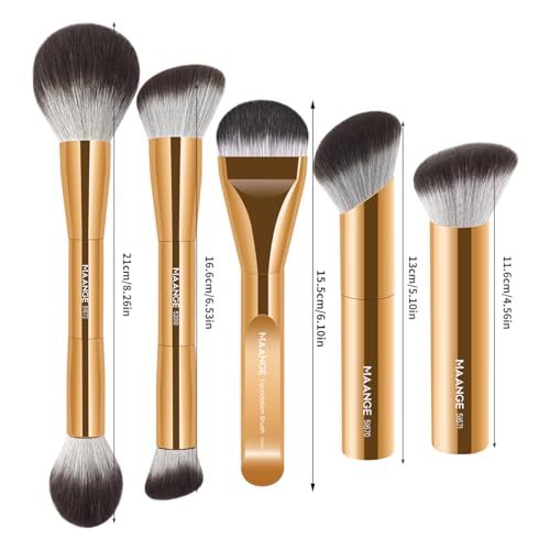 MAANGE 5 PCS Foundation Makeup Brush Set Double-ended Kabuki Mask Contour Brush for Liquid Powder Concealer Cream Cosmetics Blending Makeup Brushes (Gold)