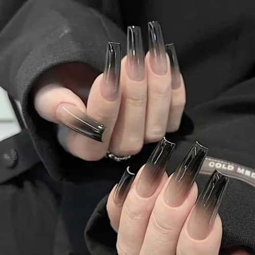 Long Press on Nails Coffin Black Fake Nails Gradient Designs Gothic Stick on Nails Nude False Nails Stick on Nails for Women Girls Nail Decoration