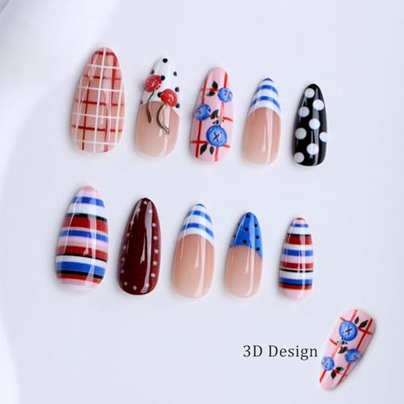 3D Cherry Blueberry Press On Nails - Medium Almond, 24 Pcs