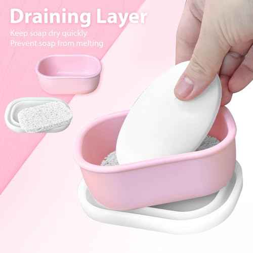 Leakproof Silicone Travel Soap Case with Drainage Layer, Silicone Bar Soap Holder Compact Portable Shatterproof Soap Container Box for Bathroom Gym Camp Travel Toiletries (Pink, Clear Lid)