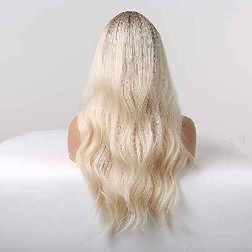 Long Blonde Wigs for Women 26 Inches Ombre Blonde Wig with Dark Roots Synthetic Wig Loose Wavy Wigs Cosplay Daily