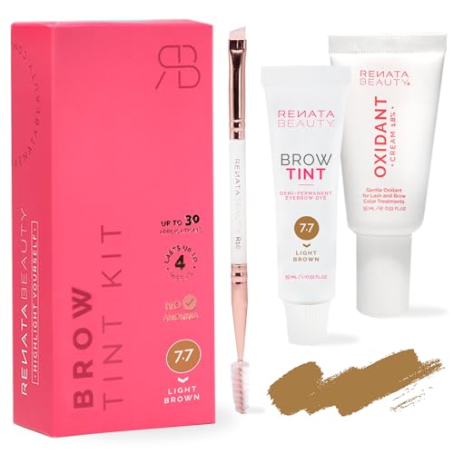 RB RENATA BEAUTY Brow Tint Kit – Eyebrow Tint Set – Dye Kit with Color Tint, Cream Developer and Styling Brush – Long-Lasting Effect Up to 4 Weeks – 30 Applications [Light Brown]