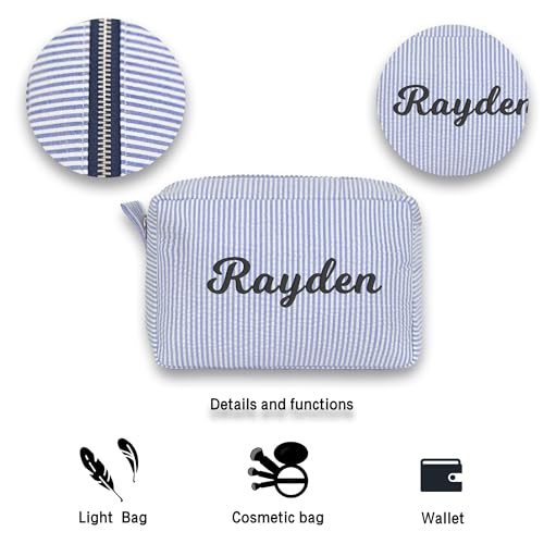 Personalized Seersucker Makeup Bag for Women - Custom Cosmetic Pouch