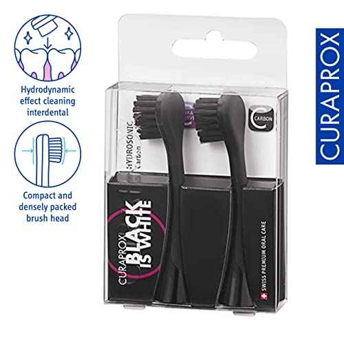 Curaprox Hydrosonic Brush Heads Black is White Carbon Duo ? for Effective Plaque Removal & Whitening | Sonic Toothbrush Replacement Heads, 2-Pack | Swiss Made