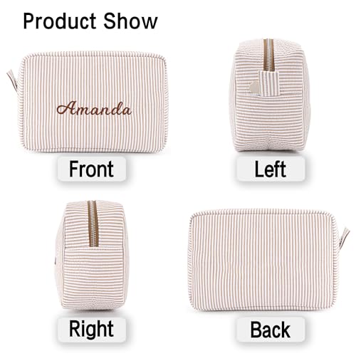 MT WORLD Personalized Cosmetic Bag for Women Girls Brown Seersucker Makeup Organizer
