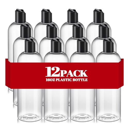 16 oz Clear Plastic Empty Bottles with Black Disc Top Caps, 12 Pcs Squeezable Refillable Shampoo Bottles Travel Cosmetic Containers for Lotions, Body Soap Cream