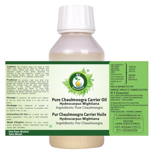 R V Essential Pure Chaulmoogra Carrier Oil 100ml (3.38oz)- Hydnocarpus Wightiana (100% Pure and Natural Cold Pressed)
