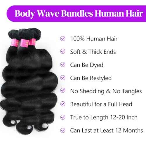12A Human Hair Bundles 26 28 30 Inch Body Wave 100% Unprocessed Brazilian Virgin Hair 3 Bundles Human Hair Extensions Quick Weave Natural Black