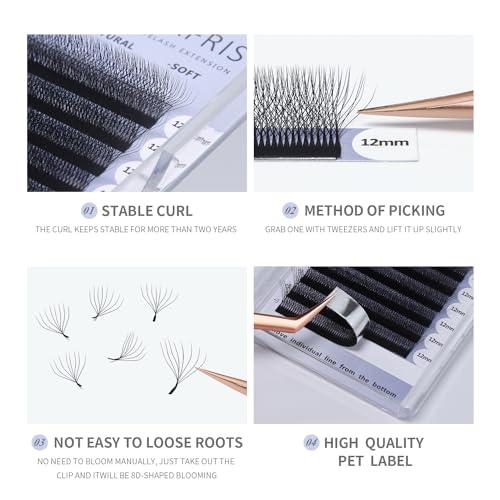 ANNAFRIS 8D Premade Fan W Shape Eyelash Extensions 0.07 LU Curl 9-13mm Mix Volume Self Fanning False Lashes Makeup Supplies Professional Use Lash Extension(0.07 LU, 9-13mm Mix)