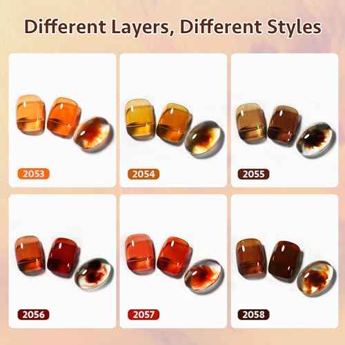 GAOY Jelly Tortoise Brown Gel Nail Polish Set, 6 Transparent Colors Dark Red Orange Pumpkin Soak Off UV Light Cure Gel Polish Kit for Salon and Nail Art DIY at Home