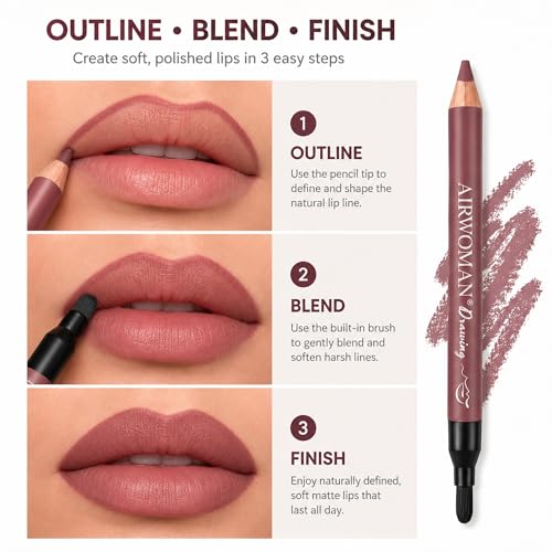 8 Matte Lip Liner Pencils Set with Blending Brush