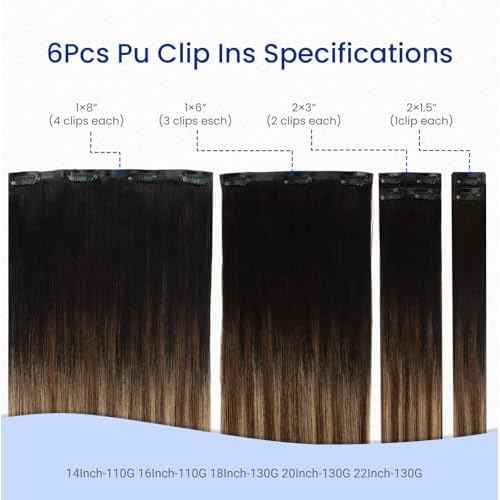 Worldstar Invisible Clip in Hair Extensions Human Hair 22 Inch 6pcs 130g #1B/4/27 Natural Black Ombre Brown with Caramel Blonde Seamless Clip in Hair Extensions PU Skin Weft Straight (pu#1B/4/27-22)