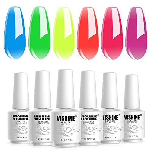 Vishine Jelly Crystal Gel Nail Polish Set Summer-6 Colors Neon Blue Green Yellow Orange Hot Pink Fuchsia Rainbow Neon Gel Polish Kit See Through Nail Trend Gel Nail Art Kit 8ml