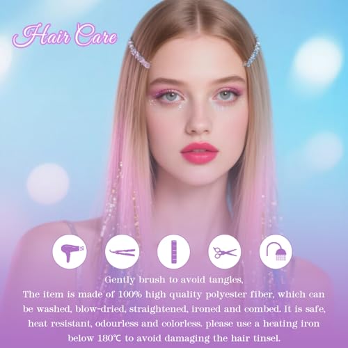 Hersun Pink Hair Tinsel Kit - 8 Clip-In Strands, 20in