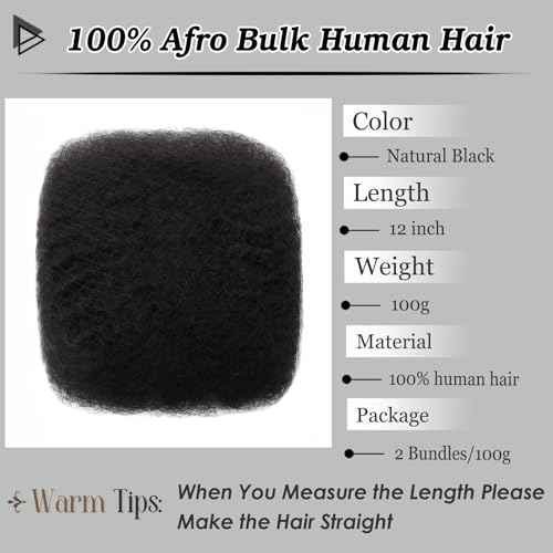 Afro Kinkys Bulk Human Hair 12 Inch 100g Nature Black Afro Kinky Curly Human Hair Bulk for Dreadlock Extensions, Micro Locs, Braiding Twists, Braids and Repair Locs(12 Inch, 1b#)