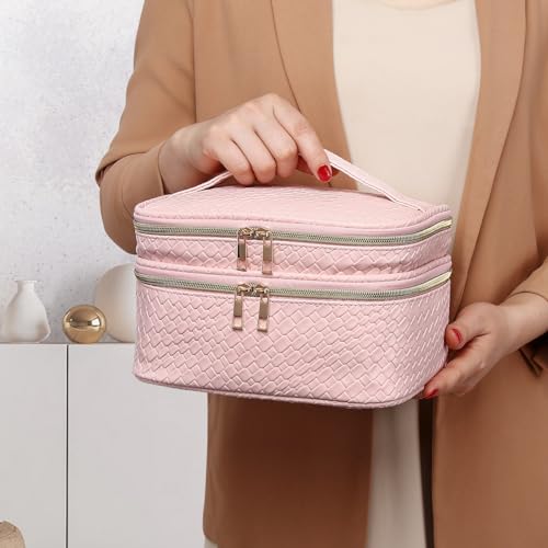 Large Makeup Bag for Women Double Layer Cosmetic Bag with Jewelry Organizer Compartment Waterproof Travel Toiletry Bag (B/Pink)