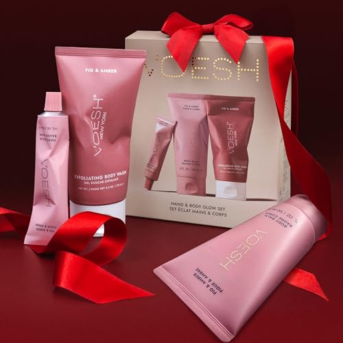 VOESH Hand & Body Glow Gift Set - 3-Piece Gift Set for Radiant Skin - Exfoliating Body Wash, Body Balm & Hand Balm - Vegan K-Beauty Korean Skincare - Fig & Amber Scent