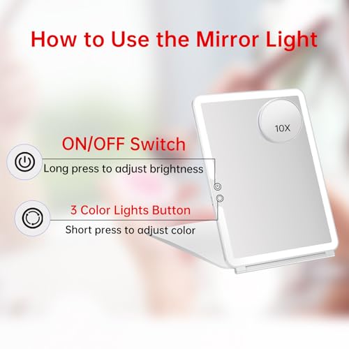 Rechargeable Travel Makeup Mirror with Lights, 10x7.5 Portable Lighted Folding
