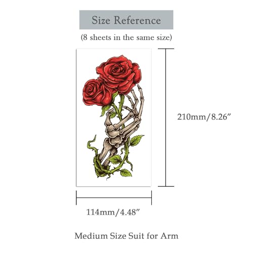 8 Sheets Waterproof Arm Body Art Temporary Tattoo Stickers Red Rose Flower Black Skull Dragon Sword Totem