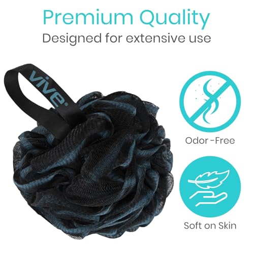 Vive Loofah Sponge Replacement (4 Pk) Shower & Bath Pouf Scrubber for Back & Body Exfoliation, Works with Vive Interchangeable Loofa Handle Long Brush (Replacement Sponge Black and Blue (4 Pack), 4)