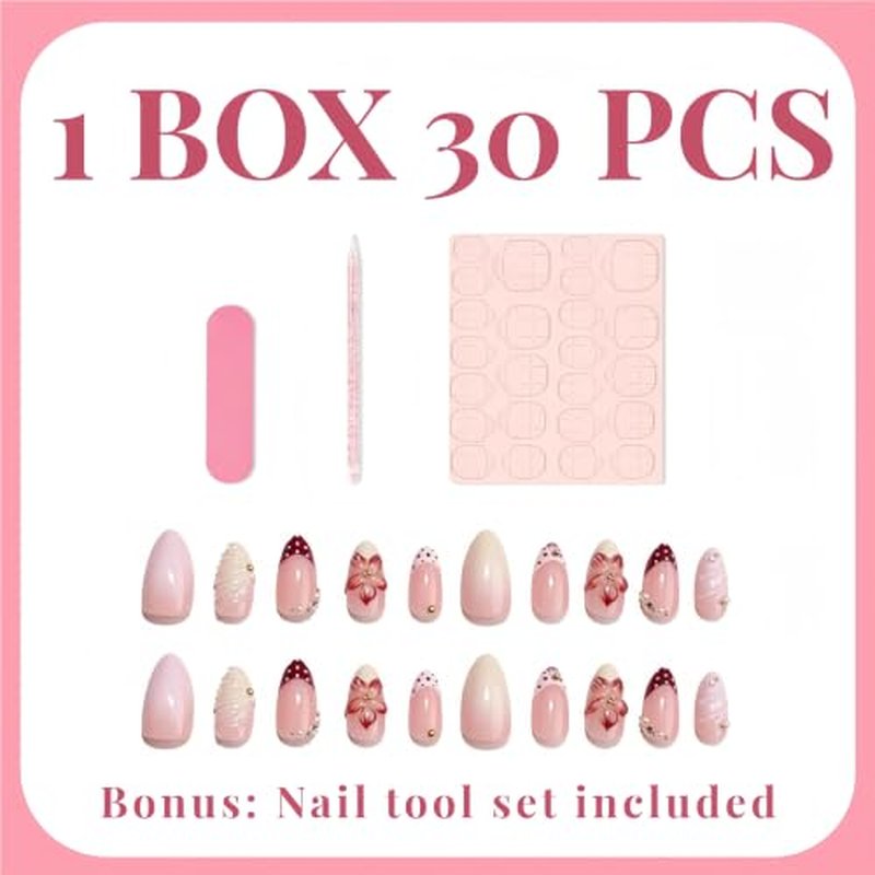 3D Floral Press On Nails Medium Almond 30pc Set