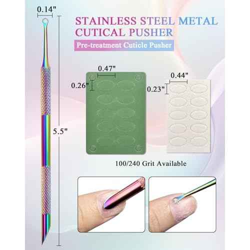 Dual Ended Cuticle Remover, Pre-treatment Cuticle Pusher with Loop Cuticle Pusher Removing, Stainless Steel Cuticle Nail Tool with 100#/240# Grit Nail Files and 1p Storage Bags, For Salon & Home Use
