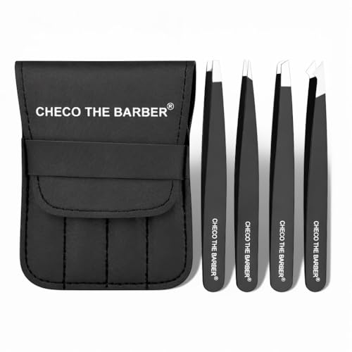 Premium Eyebrow Tweezers Set ? 4 Professional Stainless Steel Tweezers with Travel Leather Case ? Precision Tip, Slanted, Pointed & Flat Tweezers for Eyebrow Shaping, Ingrown Hair & Splinter Removal