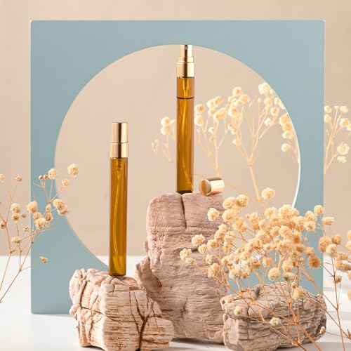 Domensi 60 Pcs 10ml Amber Glass Refillable Bottles for Essential Oils Aromatherapy Skincare, Refillable Fine Mist Atomizer Spray Bottle for Facial Mist, Serum, Travel DIY Perfume Use