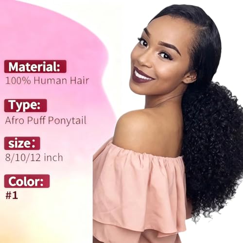 VADES Curly Drawstring Ponytail Human Hair Extension Kinky Curly Hair Ponytail 100% Human Hair Fake Ponytail Clip in Ponytail Wig#1 Jet Black 10 inch With 3 Stable Combs