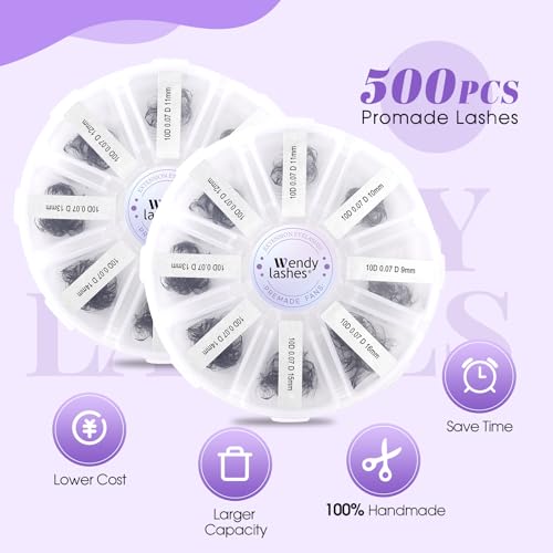 Wendy Lashes Premade Fans, 500PCS Professional Volume Eyelash Extensions,9-16mm Mixed Lengths, D Curl, Black Matte, Thin Base, Easy to Apply, Natural Soft Look