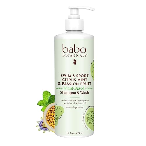 Babo Botanicals Swim & Sport Citrus Mint & Passion Fruit Shampoo & Wash - Purifying Cleanser for hair & body- Removes chlorine & sweat - For all ages - Scented with Citrus & Peppermint Essential Oils