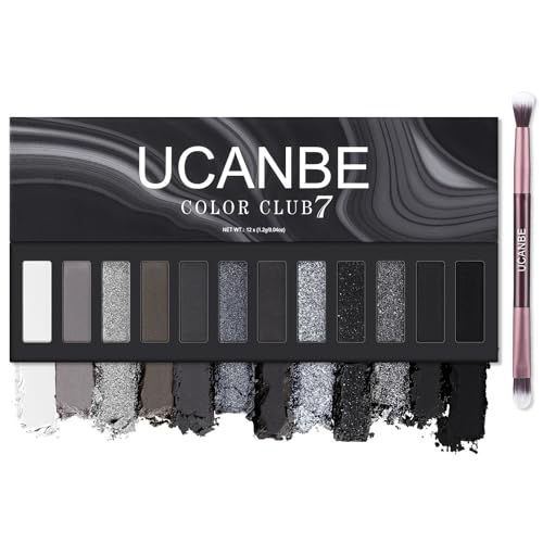 UCANBE Smokey Eyeshadow Palette, Dark Black White Gray Silver Natural Nude Matte Shimmer Eye Shadow Pallet for Smoky Emo Goth Makeup, 12 Color High Pigmented Long Lasting Waterproof Pallete with Brush